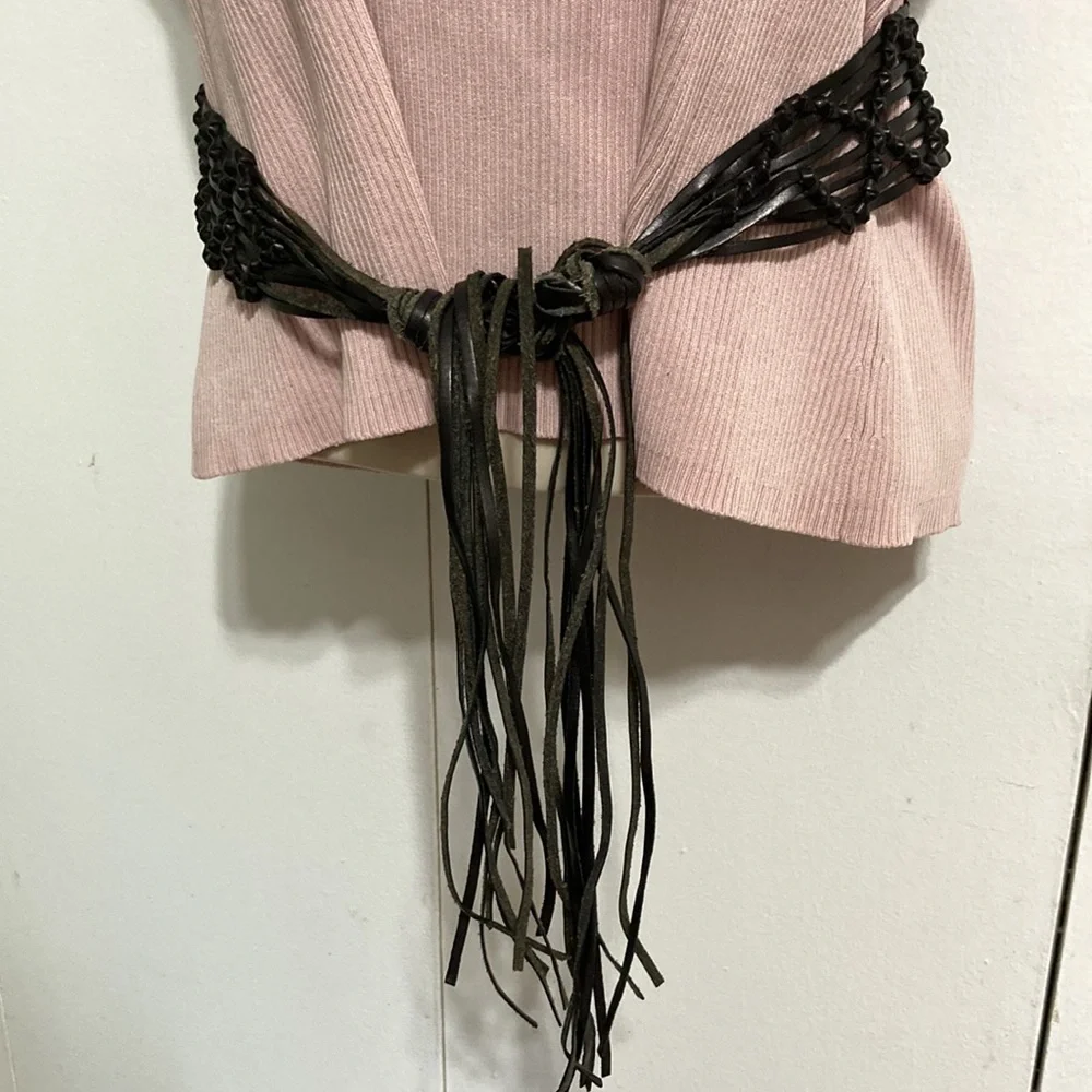 Boho Bohemian Leather Fringe Macrame Self Tie Belt 36 Inch Waist